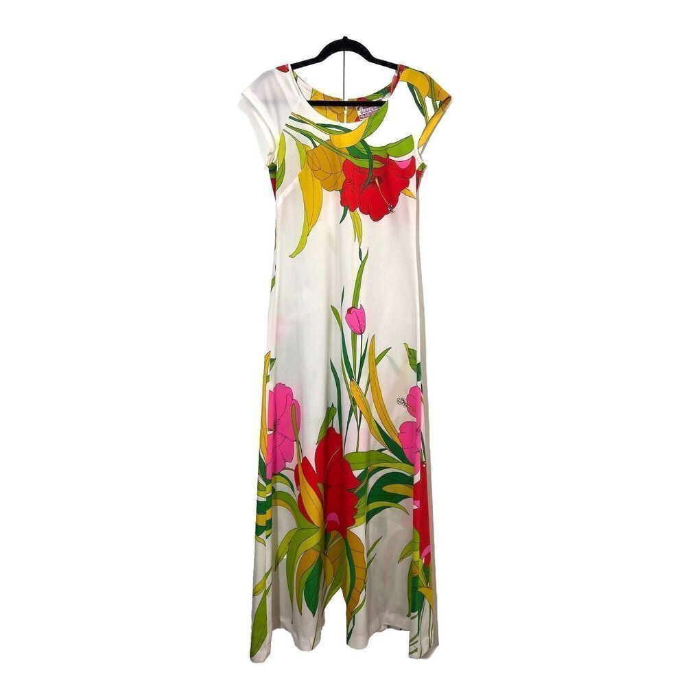 Vintage 60s Waltah Clarkes Maxi Dress Women's 10 Rainbow Tropical‎ Floral Hawaii